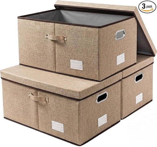 PRANDOM Storage Bins with Lids [3-Pack] Jute Fabric Foldable Storage Boxes Organizer Containers Baskets Cube with Cover for Home Bedroom Closet Office Nursery khaki（23.4X15.9X11.5 by Prandom