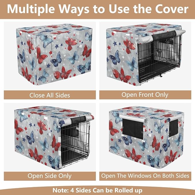 Dog Crate Cover Kennel Cover for Dog Cages Breathable for Wire Cage Indoor Outdoor Grey Patriotic Butterflies Stars - Image 5