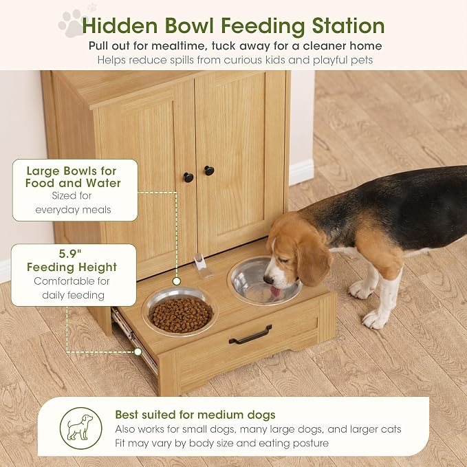 Dog Cabinet, Dog Feeding Station with Hidden Pull-Out Feeder, Oak | 5.9" Elevated Feeding Height, 2 Stainless Steel Bowls, Adjustable Shelf, 3 Side Hooks, Dog Food Storage Organizer - Image 3