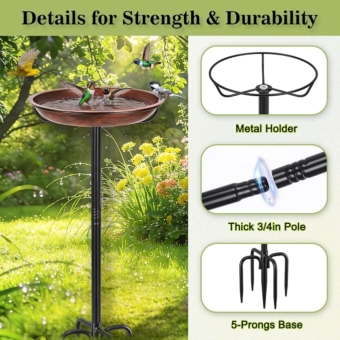 Gtongoko 10" Dia Bowl Small Metal Bird Bath for Outside Heavy Duty, 29" Height Bird Feeder Birdbaths for Outdoors, Garden Bird Bath Bowl with 5-prongs Base - Image 7