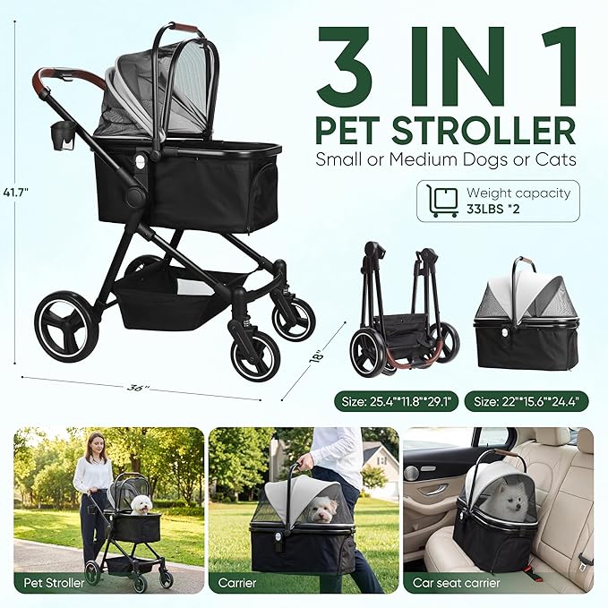 Foldable Dog Stroller, 3 in 1 Pet Stroller for Small Medium Dog Cat up to 50lbs, Detachble Portable Pet Bag, Storage Basket and One-Button Folding Frame