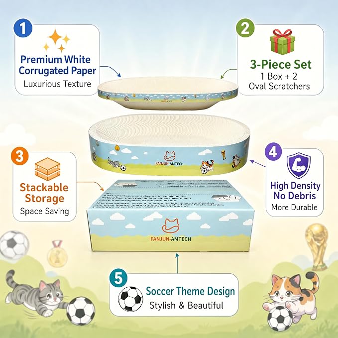 3PCS NO-Mess White Cat Scratcher Cardboard Lounge Bed, Mess-Free Oval Cat Scratching Pad, Stop Eating Debris, Soccer Style Cat Scratcher Bowl Nest for households with Multiple Cats - Image 5