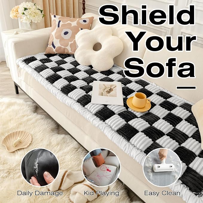 Fuzzy Couch Cover for Dog, Modern White Black Checkered Couch Cushion Cover | Non Slip Couch Cover for 2 Cushion Couch Sofa Pet Friendly, Washable Sofa Cover Durable Anti-pilling Furniture Protector - Image 7