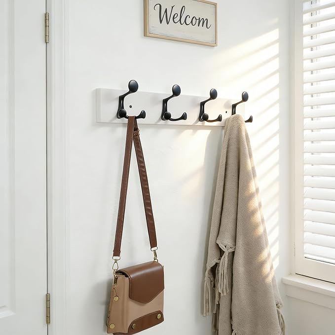 SKOLOO 24-Inch White Wood Coat Rack Wall Mount with 4 Triple Hooks - Ideal for Family Entrances, Classrooms, and Pet Supplies Storage - Perfect Coat Hooks for Wall, Pack of 2 - Image 4