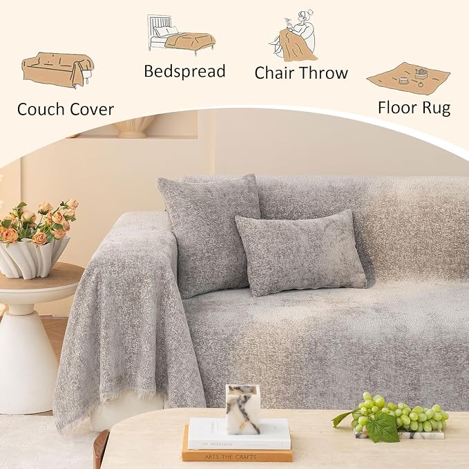 Luxury Grey Soft Durable Chenille Couch Cover for All Shape Sofa Couch Sofa-Bed Slub Furniture Protector Machine Washable, Solid Gray Sofa Slipcover for Dog Pet Kid Large 71x118’’ | for All Shape Sofa Couch, Slub Furniture Protector Machine Washable, G... - Image 5
