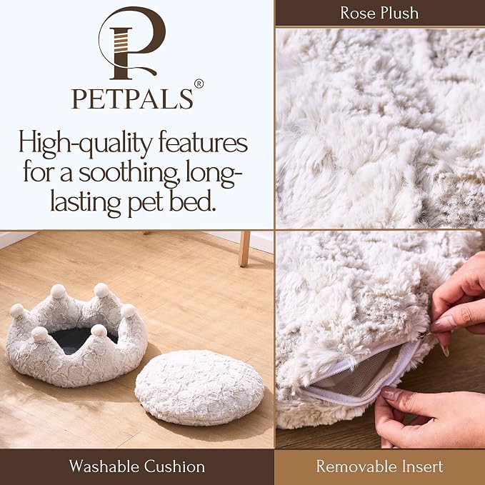 PetPals Crown Shaped Washable Cat Bed Made by Designed Pattern Soft Plush | Removeable Cushion, Super Soft Rose Patten Faux Fur Pet Bed for Small Animals, with Anti-Slip Bottom, 18 inch Round Bed - Image 4