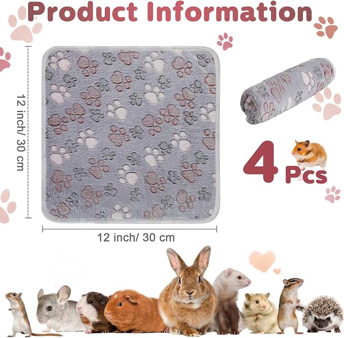 Reginary 4 Pcs Waterproof Guinea Pig Blankets Washable Small Animal Fleece Bedding Absorbent Guinea Pig Cage Liners Reusable Training Pee Pad Pet Sleep Mat for Hamster(Adorable Paw,12 x 12 Inch) - Image 2