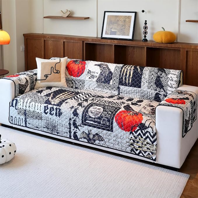 Cmfshape Halloween Skidproof Sofa Cover-Festival Sofa Slipcover with Elastic Straps-Easy Fit Slip Cover-Patchwork Washable Furniture Protector for Pets and Kids(Sofa,Black) - Image 2