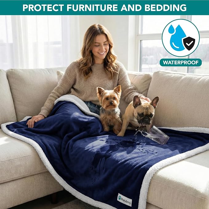 PetAmi Waterproof Dog Blanket for Couch, Pee Proof Sherpa Fleece Reversible Pet Throw, Furniture Protector for Bed Sofa Kennel, Soft Washable Cover for Small Medium Dog Puppy Cat, 29x40 Navy Blue - Image 2