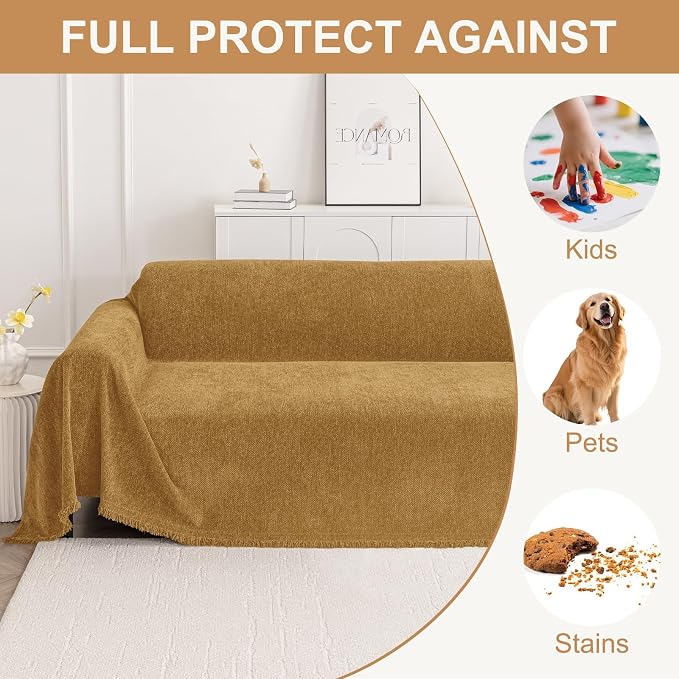 Smiry Couch Cover for Dogs, Chenille Sofa Covers for 3 Cushion Couch | Washable Soft Sofa Slipcover for Pets, Thick Sectional Furniture Protector with Tassels (Yellow, 71x150 Inch) - Image 3