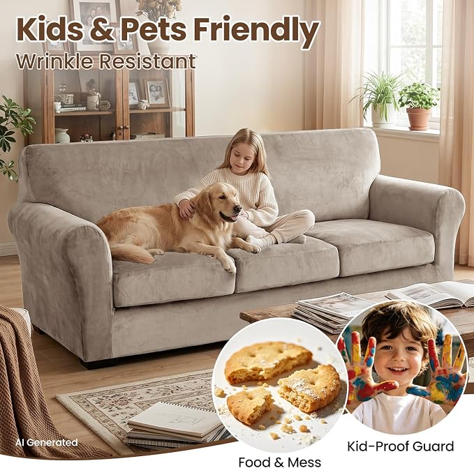 XINEAGE 2-Piece Velvet Armchair Sofa Cover, Couch Covers for Dog,Khaki | 1 Cushion Chair,Stretch Non-slip Elastic, Pet-friendly, Washable, Fast Setup, Soft Plush Fabric, Furniture Protector. - Image 6