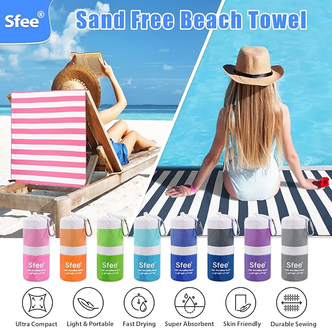 Sfee 2 in 1 Microfiber Beach Towel, Quick Dry Towel Camping Towel Travel Towel Super Absorbent Compact Lightweight Sports Gym Towels Set for Beach, Gym, Hiking, Pool, Backpacking, Bath, Yoga - Image 3