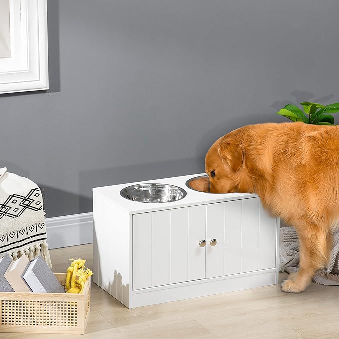 PawHut Large Elevated Dog Bowls with Storage Cabinet Containing Large 44L Capacity, Raised Dog Bowl Stand Pet Food Bowl Pet Feeding Station, White | Raised Dog Bowl Stand, Pet Feeding Station - Image 2