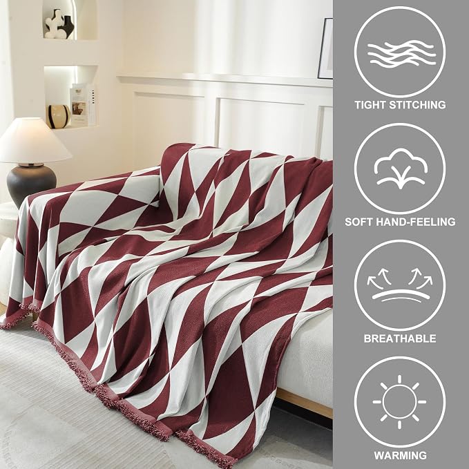 Couch Cover for Sofa, Boho Sofa Cover Washable Couch Cover for Dogs, Pet Sofa Cover for 2-Cushion Couches with Tassel Furniture Protector Cover,71" x 118",Red-Diamond - Image 3