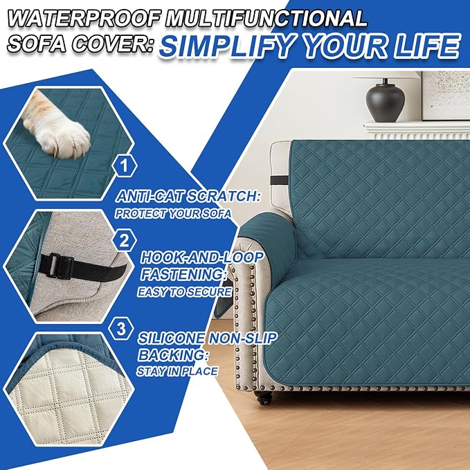 Waterproof Loveseat Covers for 2 Cushion Couch, Sofa Covers for Pets Washable with Side Pockets, Non Slip Couch Covers for Dogs, Dog Couch Cover with Elastic Straps (Loveseat, Dark Green) - Image 6