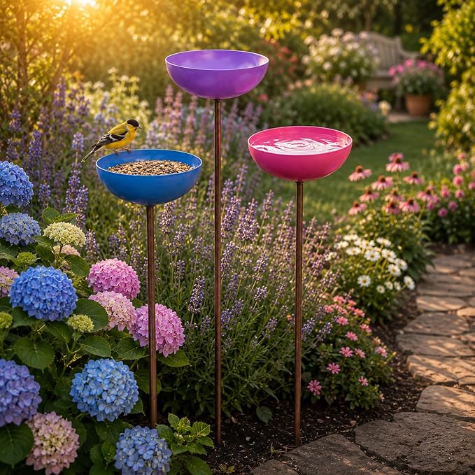 Colorful Metal Bird Bath Garden Stakes 3 Pack - Multi-Height Rustproof Outdoor Bird Feeder Water Station for Hummingbird Butterfly Bee, Decorative Yard Lawn Rain Catcher Ornament (Blue/Green/Red) - Image 6