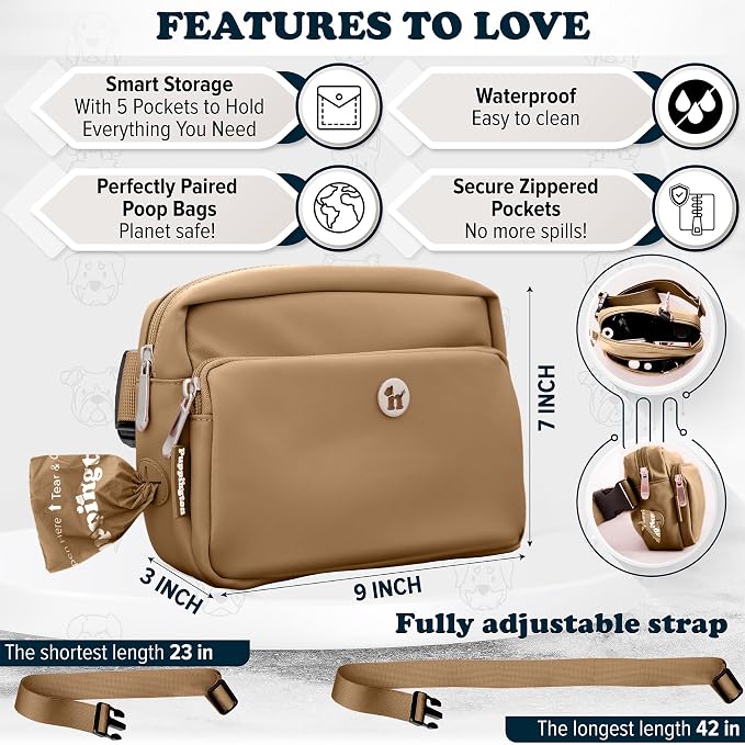 Puppington 3-in-1 Crossbody Dog Walking Bag & Dog Treat Pouch for Pet Training - Matching Compostable Poop Bags, Built-In Poop Bag Dispenser & Slow-Feeding Travel Bowl (Latte Beige) - Image 6