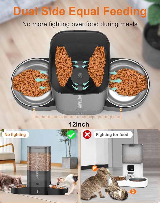 HoneyGuaridan 5L Automatic Cat Feeder for Two Cats, 2.4/5G WiFi Smart Feed Pet Feeder with Stainless Steel Bowl,APP Control Dispenser, Dual Power Supply,Desiccant Bag,10s Meal Call Black - Image 2