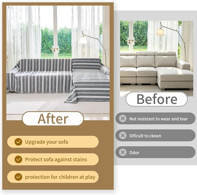 VANJOROY Couch Cover for 3 Cushion,Washable Couch Covers for Dogs Pets, Sofa Slipcovers Sectional Sofa L-Shape, Chenille Couch Cover for Sofa Cover Furniture Protector with Tassel,91"x 134" Grey - Image 8