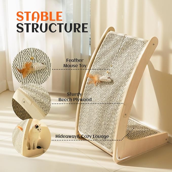 PETKARAY Cat Scratcher, Sisal Cat Scratch Pad, Curved Scratching Board for Indoor Kitty, Floor Mounted Scratcher with Mouse Toy Catnip - Image 4