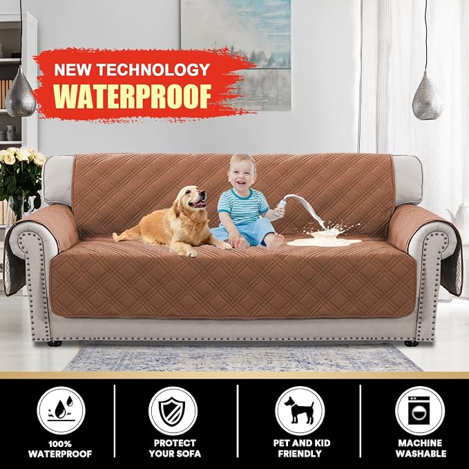PrinceDeco 100% Waterproof Couch Cover for 3 Cushion Couch Sofa Pet Friendly Non-Slip Couch Cover for Dogs Washable Water Resistant Furniture Protector with Elastic Straps(XL Sofa 78", Terracotta) - Image 2