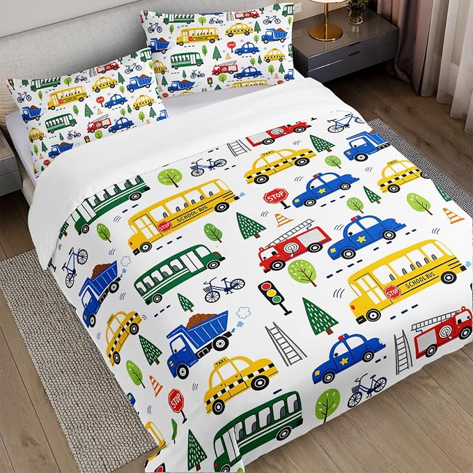 AILONEN Urban Transit Queen Duvet Cover Set 3 Piece, School Bus Printed Bedding with 2 Pillowcases, Microfiber Zipper Closure, Adult Family Bedroom - Image 2