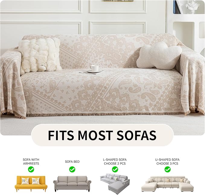 Deep Dream Boho Couch Cover Blanket, Soft Chenille Sofa Covers for 3 Cushion Couch, Sofa Slipcovers Washable Living Room Furniture Protector for Dogs Pets (Cream, 71"x118") - Image 5