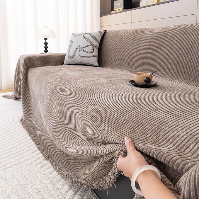 DREAMINGO Modern Minimalist Sofa Covers Washable Pet Furniture Protector Couch Cover for Dogs Cozy Chenille Couch Cover Blanket Stripe Textured Sectional Couch Slipcovers (XX-Large, Coffee) - Image 4
