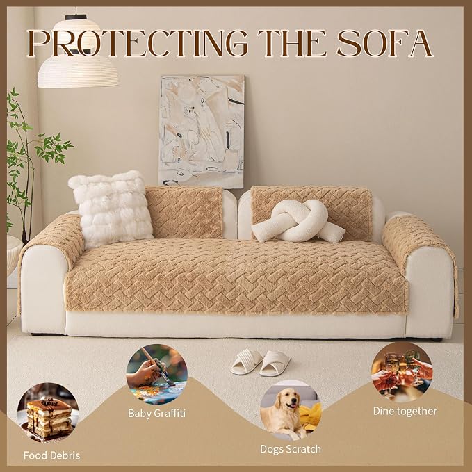 Waterproof Dog Bed Cover Non Slip Couch Cover for Dogs Washable Soft Faux Fur Sofa Cover Couch Covers for 3 Cushion Couch Sofa Pet Friendly (Dark Beige, 34x74（1pc）) - Image 2