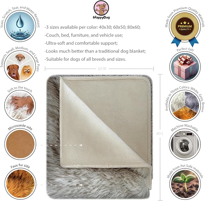 Faux Fur Dog Blanket, Waterproof Couch Cover, White w/ Brown Tips 80"x60" | Plush Sheepskin Style Pet Throw for Sofa, Bed, and Car, Washable Furniture Cover that Protects From Fur and Spills - Image 5