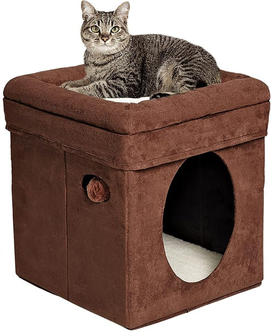 MidWest Homes for Pets Feline Nuvo Curious Cat Cube, Foldable Pet Hideout with Toy, Bolstered Bed Top, Faux Brown Suede, Synthetic Sheepskin by MidWestHomesForPets