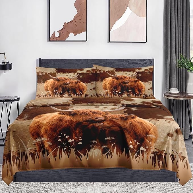 WeCozy Twin Size Bed Sheet Sets with Pillowcases, Highland Cow Animal Bull 3 Pcs Soft Microfiber Bedding for Kids and Adults, Farm Flat, Fitted Sheet for Bedroom Bed Decor - Image 2