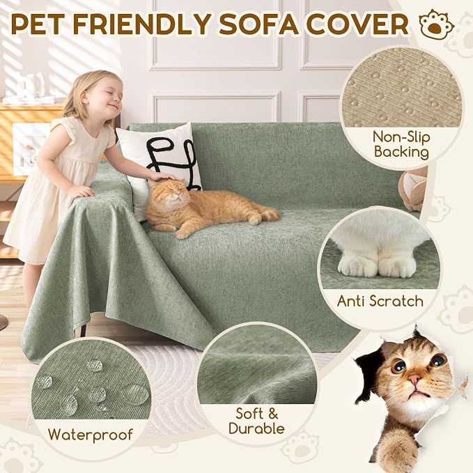 OstepDecor Waterproof Couch Covers for Pets, Couch Protector from Cat Claws | Washable Sofa Cover for Dogs, Non Slip Furniture Protector for Sofas, Loveseats & Sectionals, 71"x134", Green - Image 3