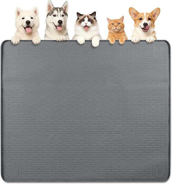 Dog Food Mat 40''x40'' Extra Large Dog Mat for Food and Water,Dark Grey | Silicone Dog Bowl Mat with Raised Edge, Waterproof Non-Slip Pet Feeding Mat for Floors, fit for Dog Cat Bowls by Bartuke
