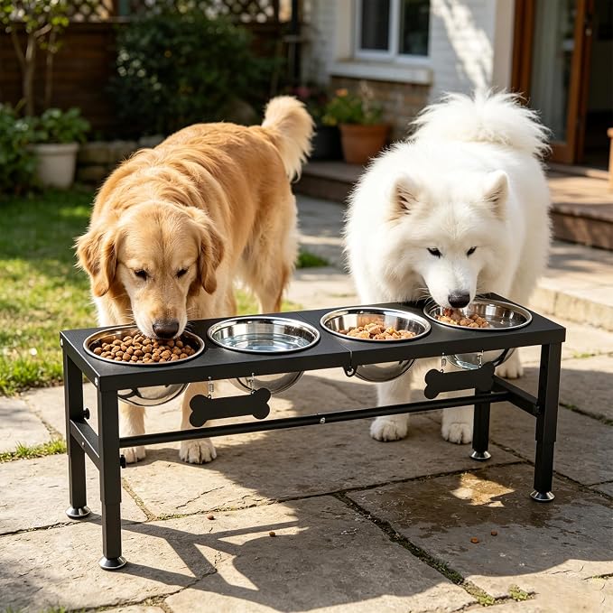 4-Bowl Elevated Dog Bowl Stand – 4 Adjustable Heights with 58oz/1700ml Stainless Steel Bowls & Splash Pad for Medium & Large Breeds, Multi-Pet Households - Image 7