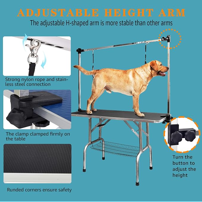 Professional Dog Pet Grooming Table Adjustable Heavy Duty Portable w/Arm & Noose & Mesh Tray (42", Black) - Image 2