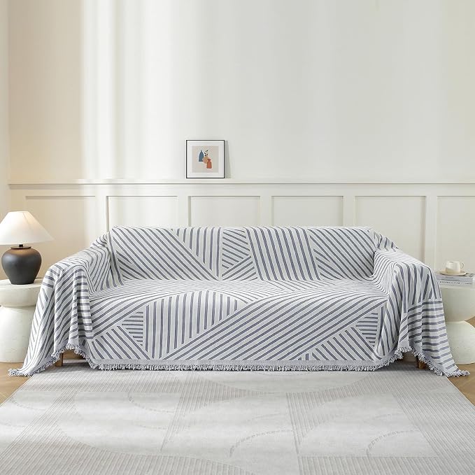 Couch Cover for Sofa, Boho Sofa Cover Washable Couch Cover for Dogs, Pet Sofa Cover for 2-Cushion Couches with Tassel Furniture Protector Cover,71" x 102",Light Gray-Line by YSTELLAA