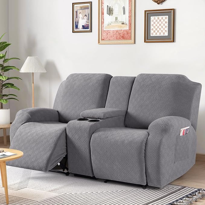 VANSOFY Recliner Loveseat Cover with Middle Console Stretch Reclining Sofa Slipcover for 2 Seat Jacquard Reclining Couch Sofa Covers Furniture Protector with Elastic Straps Bottom (Light Gray) | 4-Pieces, Soft Furniture Protector, Washable Slipcover wi... - Image 7