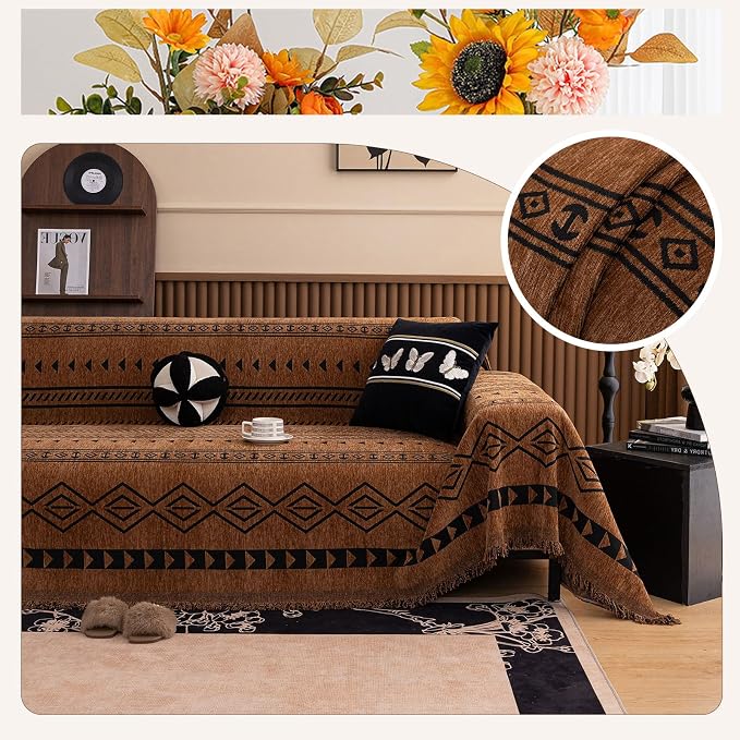 ROOMLIFE Dark Brown Couch Cover 3 Cushion Sofa, Washable Non Slip Furniture Sofa Protector Cover, Soft Chenille Sofa Slipcovers Sectional L Shape Dogs Couch Cover Throw Blanket with Tassels71''X150'' - Image 5