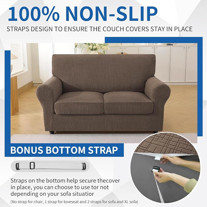 CYCMCAO 3 Piece Stretch Sofa Cover Couch Covers for 2 Cushion Couch, Loveseat Covers Stay in Place, Sofa Covers Washable with Elastic Bottom for Dogs (Light Brown), 71"-91" (2 Cushion Sofa) - Image 7