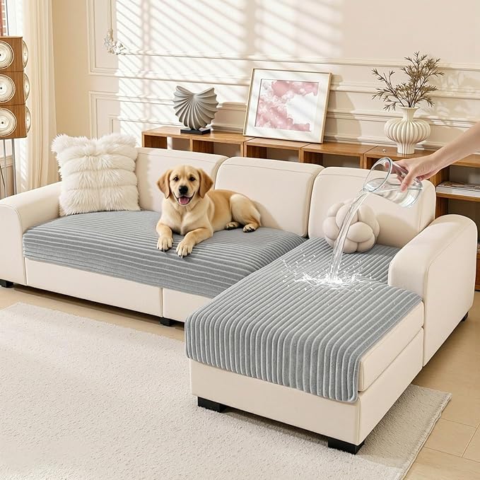 MEETSKY 100% Waterproof Couch Cover for Sectional Sofa, 2 Pieces Washable Non Slip Couch Covers for 2 Cushion L Shape, Sofa Slipcover Furniture Protector for Dogs, Light Grey, Large, 35"x63"+35"x63" by MEETSKY