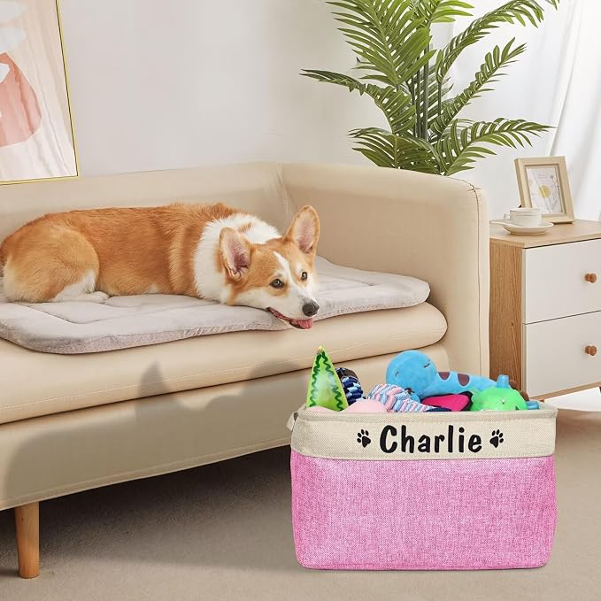PET ARTIST Collapsible Pet Toy Storage Basket Bin - Personalized with Pet's Name, Rectangular Storage Box Chest Organizer for Toys, Coats, Clothing & Accessories, Pink - Image 2
