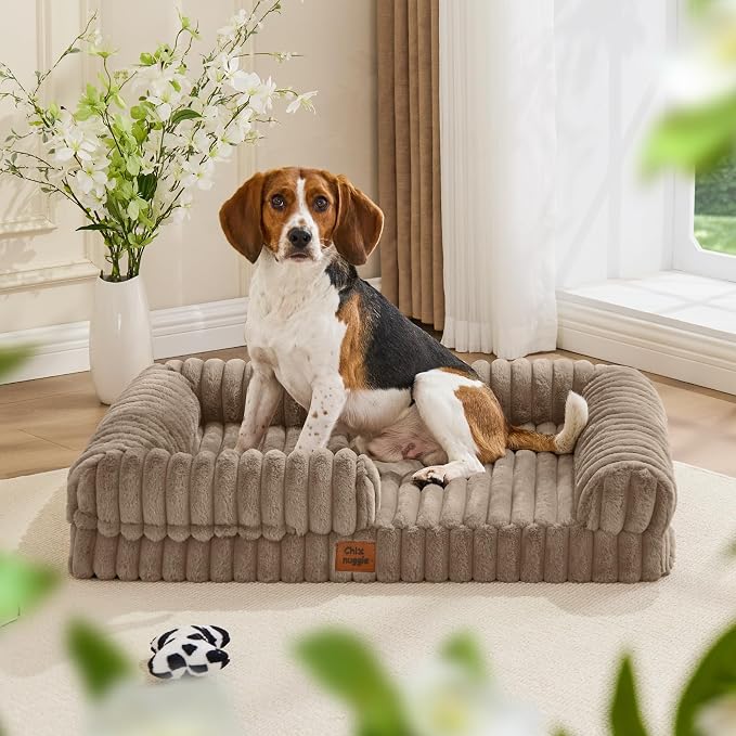 ChiXnuggle Faux Fur Orthopedic Dog Bolster Bed, Waterproof Washable Cover | rectangular dog sofa couch,egg crate foam,non-slip bottom,for large dogs,taupe,35*28*7 - Image 9