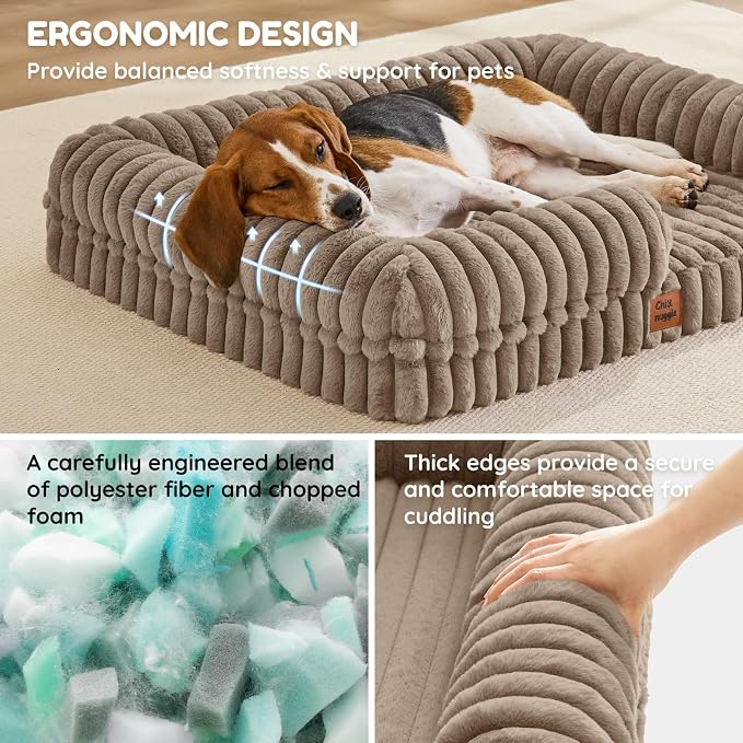 ChiXnuggle Faux Fur Orthopedic Dog Bolster Bed, Waterproof Washable Cover | rectangular dog sofa couch,egg crate foam,non-slip bottom,for large dogs,taupe,35*28*7 - Image 2