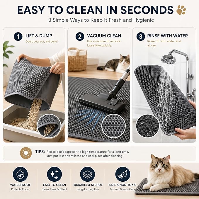 Cat Litter Box Mat Double Layer Trapping Mat Easy-Clean Waterproof Urine Proof(Gray 30x22in) - Image 4