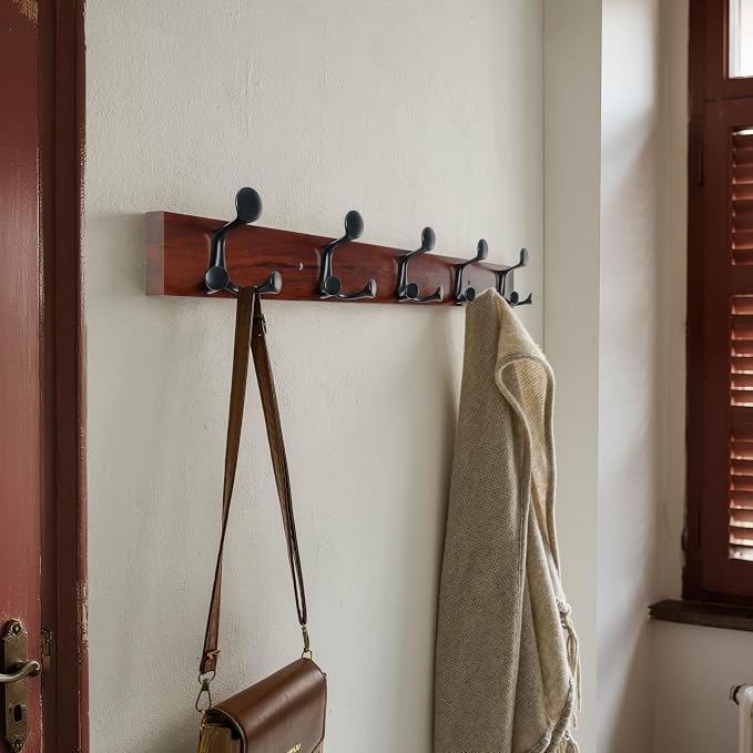 SKOLOO 30-Inch Cherry Wood Coat Rack Wall Mount with 5 Triple Hooks - Ideal for Family Entrances, Classrooms, and Pet Supplies Storage - Perfect Coat Hooks for Wall - Image 2