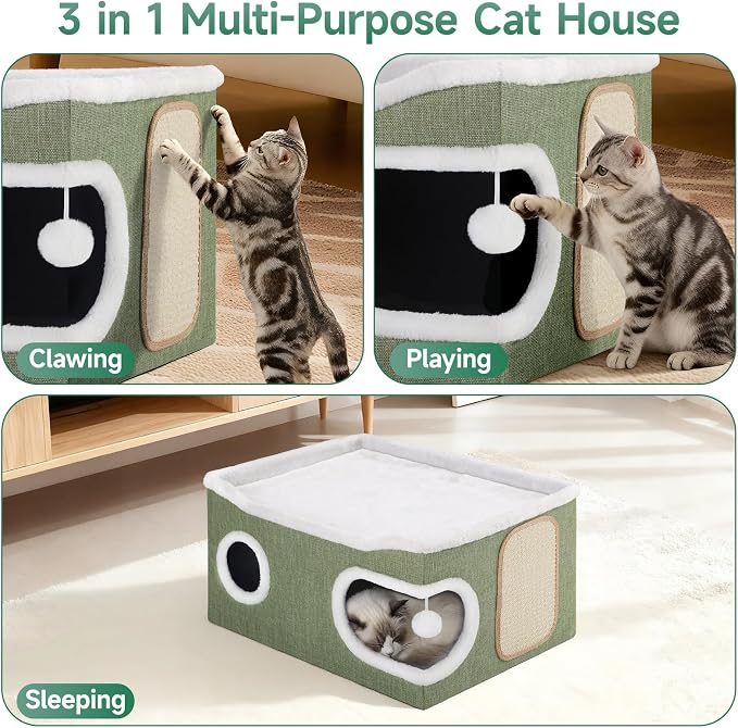 Shikha Extra Large Cat House Bed for Multi Cats with Scratch Pad Green | 24 x 17.7 x 12.6 IN Widen Cat Cave Cube for Multi Pets, Foldable, Arc-Edge Design, Oval Door, All Seasons Reversible Cushion - Image 5