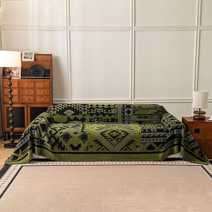 VClife Boho Couch Cover, Aztec Sofa Cover for Dog, Non Slip Washable Couch Covers for 3-4 Cushion Couch Sofa, Reversible Triangle Geometric Futon Cover Furniture Protector (Black-Green, 71" x 150") - Image 8