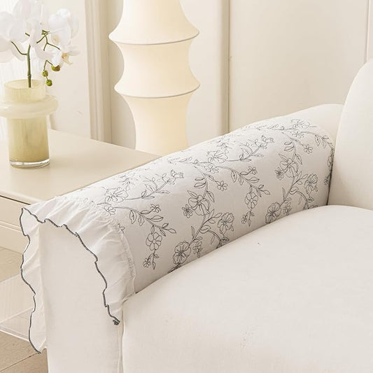 Couch Arm Covers, Cotton Boho Floral Couch Covers for Sofa, Non-Slip Armchair Sofa Slipcovers, Armrest Pads, Pet Friendly Couch Protector for Dogs Washable (1PC, White and Black, 28"X28") by KaviKon