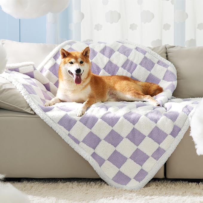 LE SURE Waterproof Dog Blankets for Large Dogs Cute Cozy 3D Jacquard,40x50 | Warm Soft Pet Blanket for Senior Dogs Aesthetic Gift, Washable Sherpa Throw, Reversible Couch Protector, Lavender Checks - Image 2